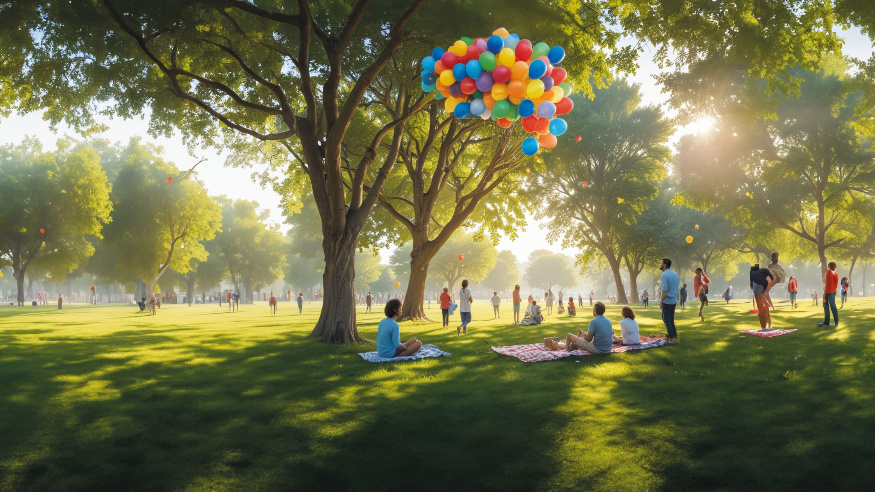 Viele Menschen sitzen in einem grünen Park mit grossen Bäumen auf Picknickdecken und betrachten die Luftballons im Himmel