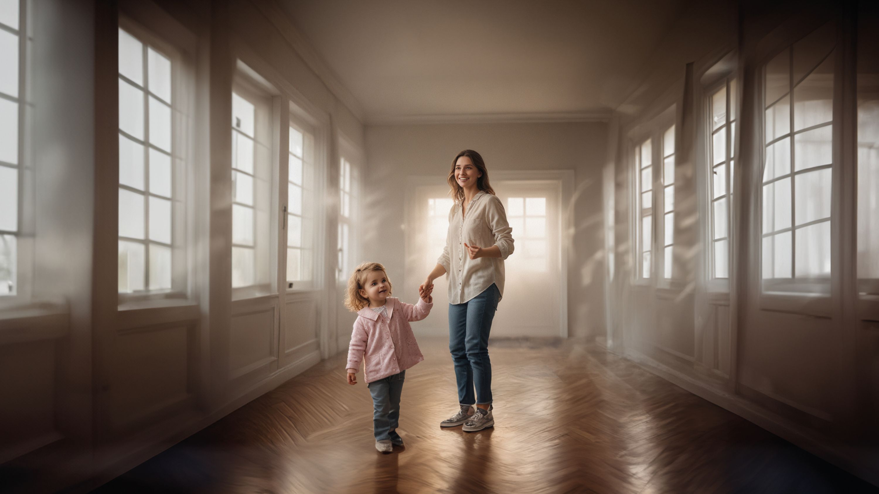 Eine junge Mutter und ihre Tochter stehen in einem lichtdurchflutenden Zimmer und halten sich an den Händen