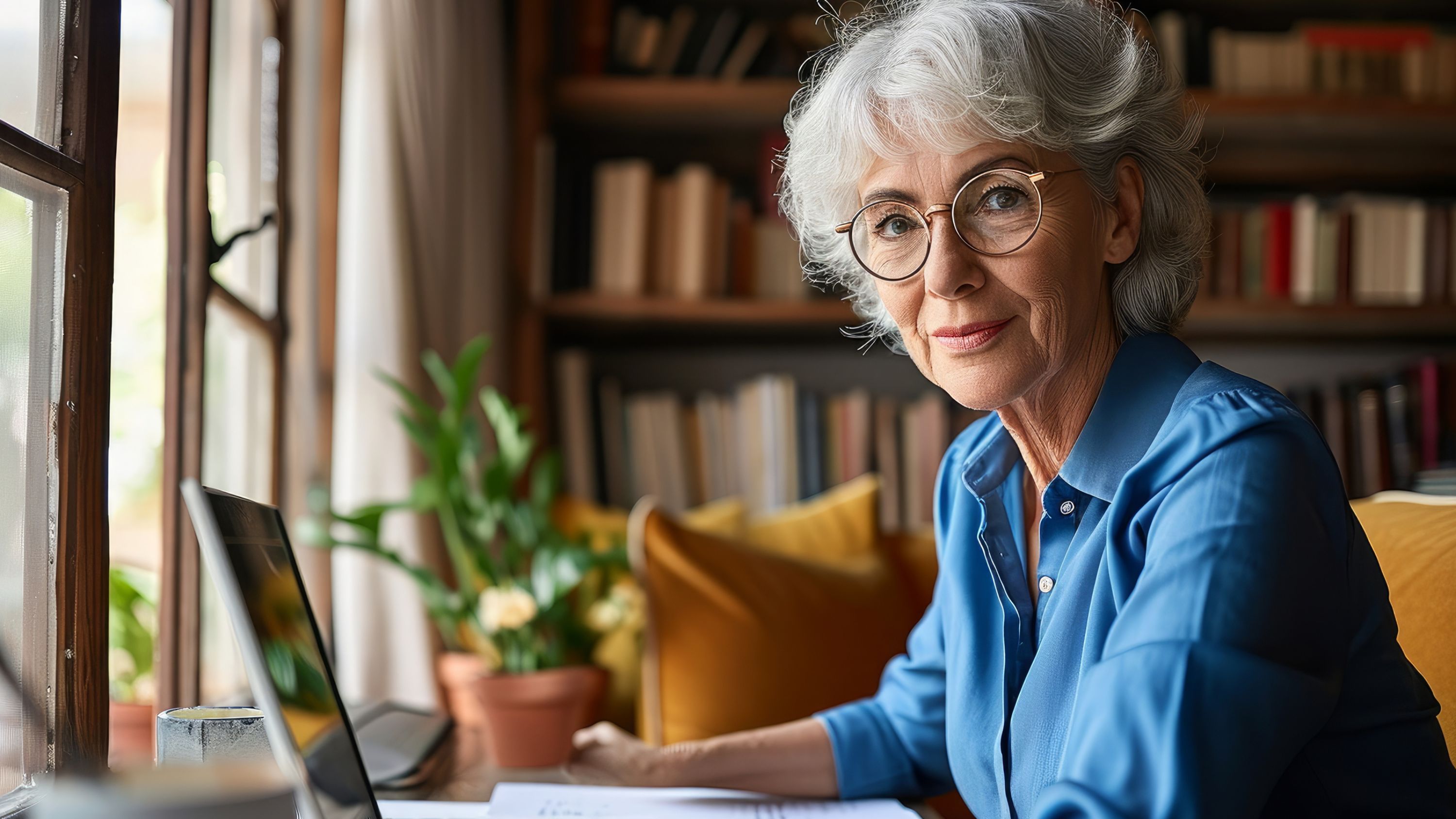 Une femme âgée est assise devant son ordinateur.