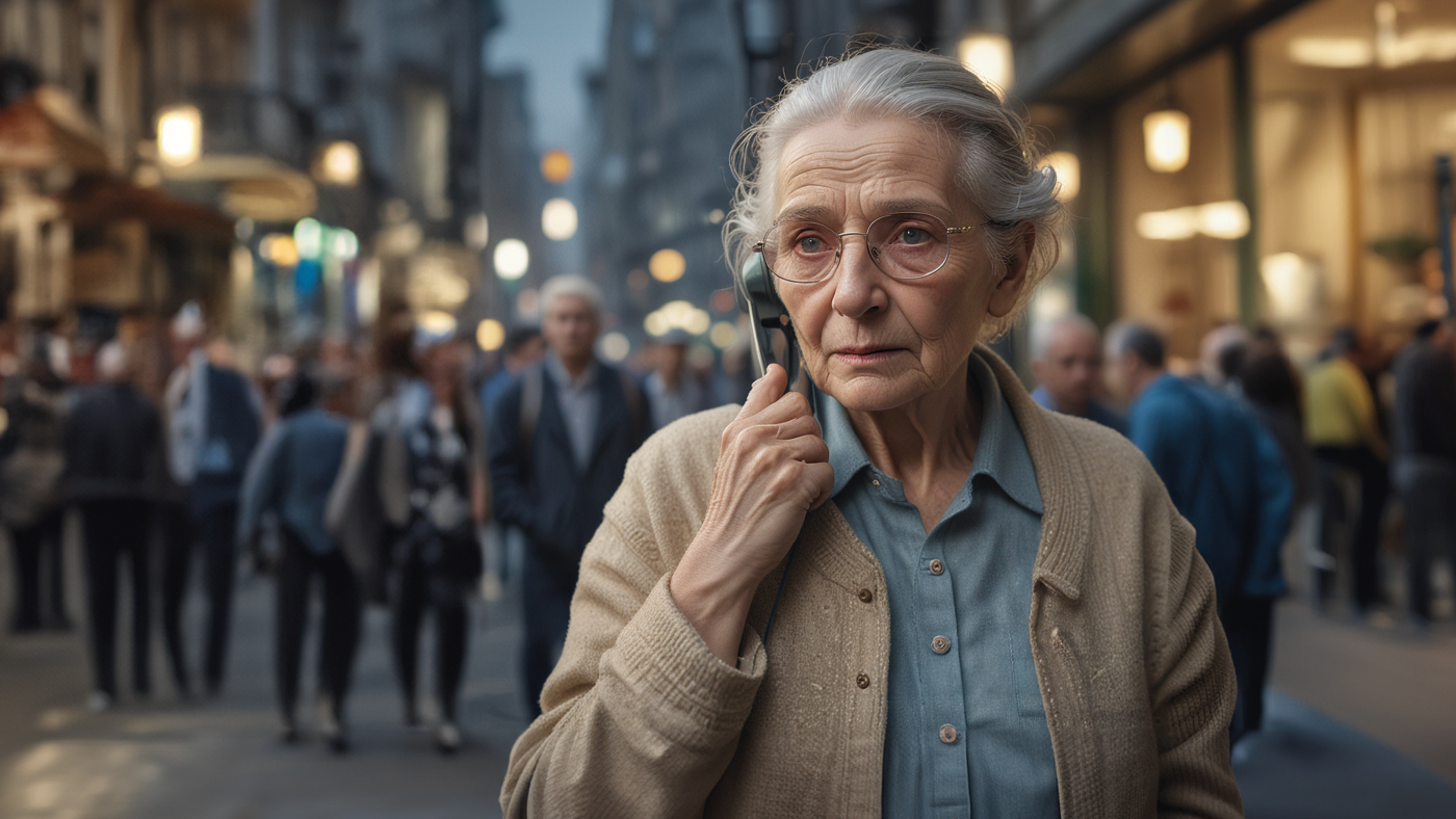 Eine ältere Frau steht auf der Strasse und ist am Telefon