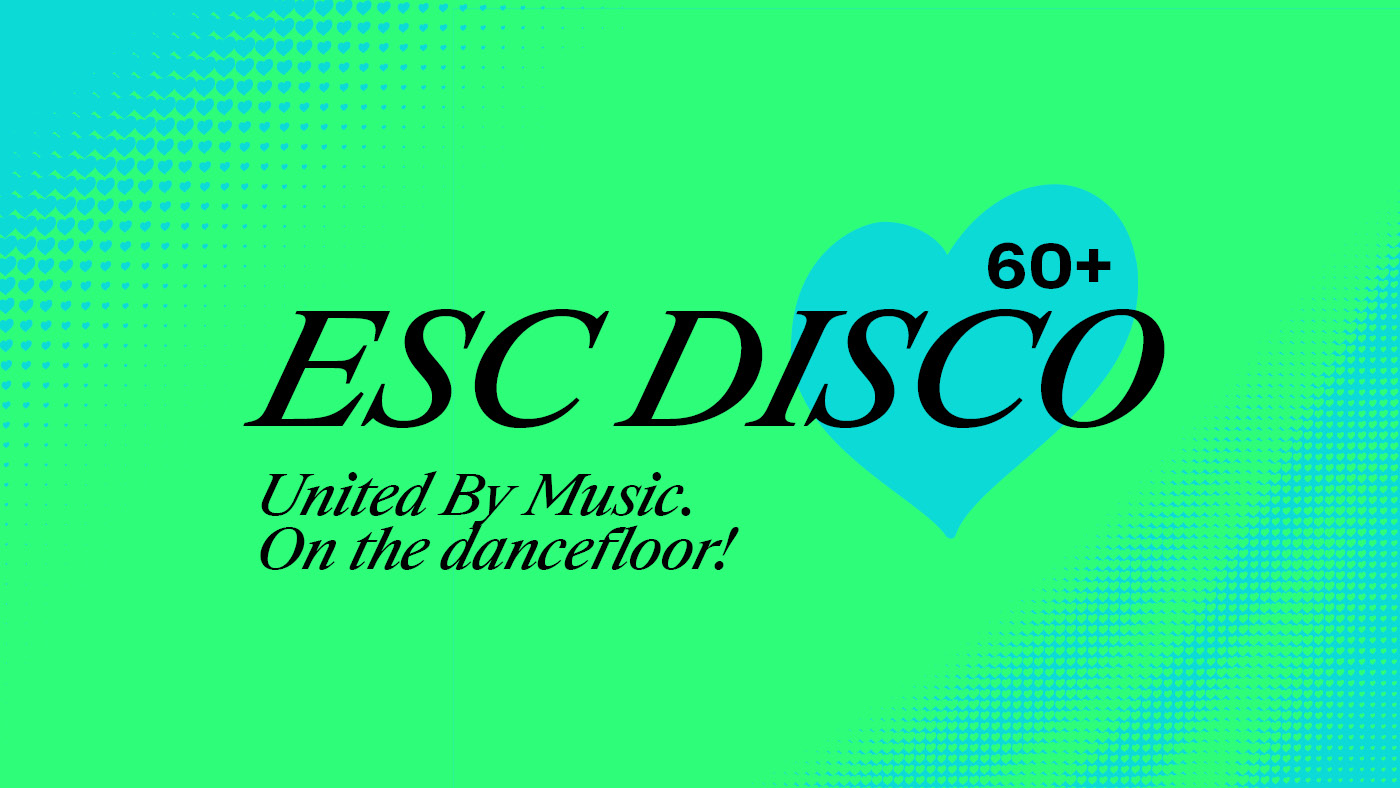 ESC Disco 60+ Keyvisual in neungrün und neonblau